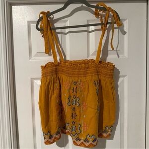 Anthropologie Mustard Yellow Embroidered Tie-Shoulder Tank